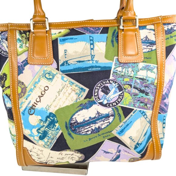 Talbots Canvas & Leather Travel Postcard Large Lined Tote Bag Novelty Passport - Picture 2 of 9